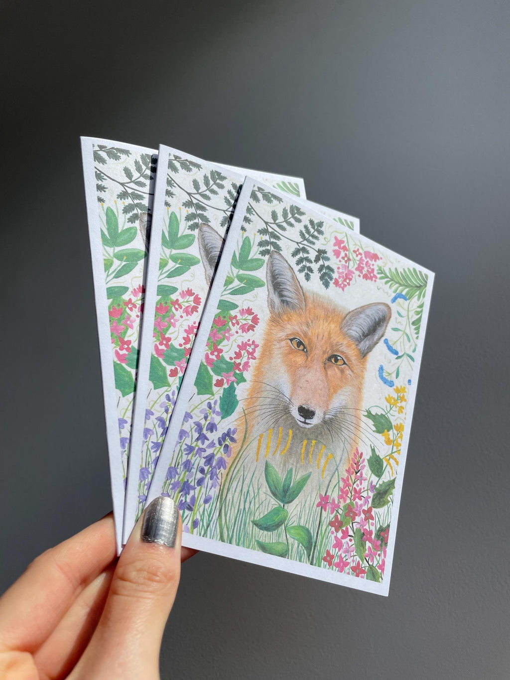 Fox and floral A6 Cards, pack of 3: hand painted