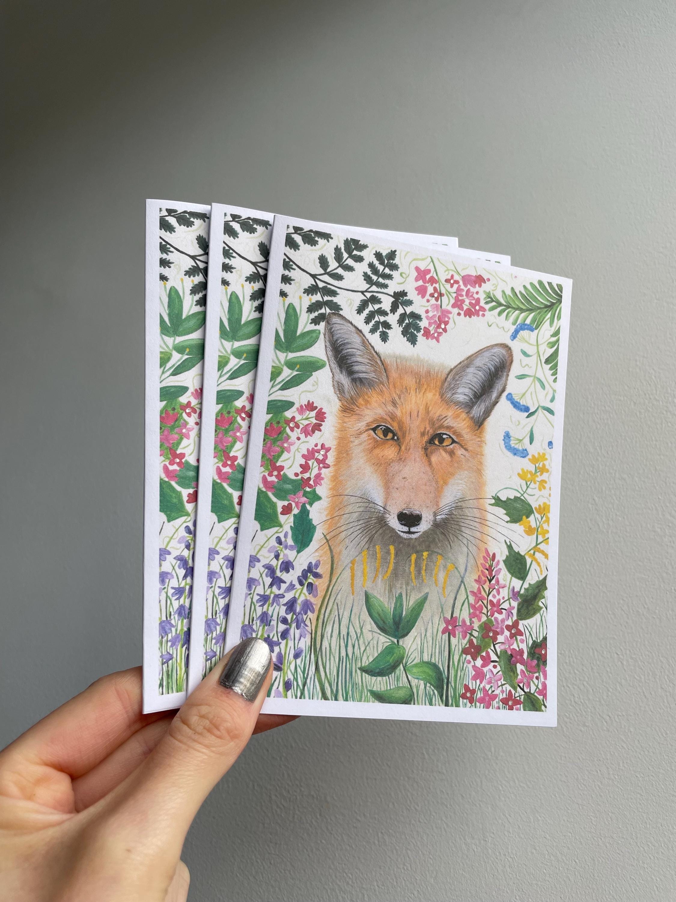 Fox and floral A6 Cards, pack of 3: hand painted