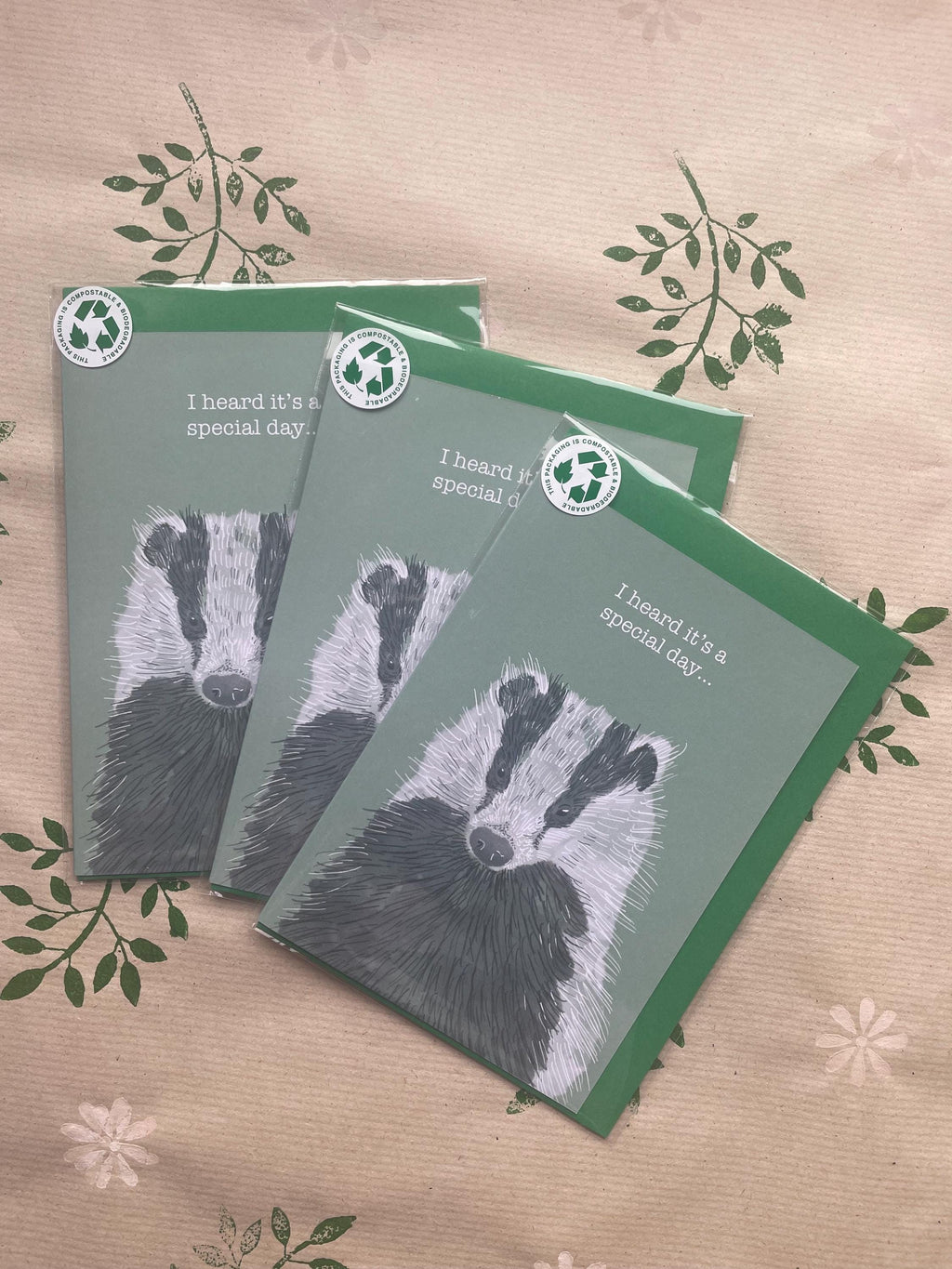 Badger A6 Cards, pack of x3: animal lover greeting card pack, illustrated by hand