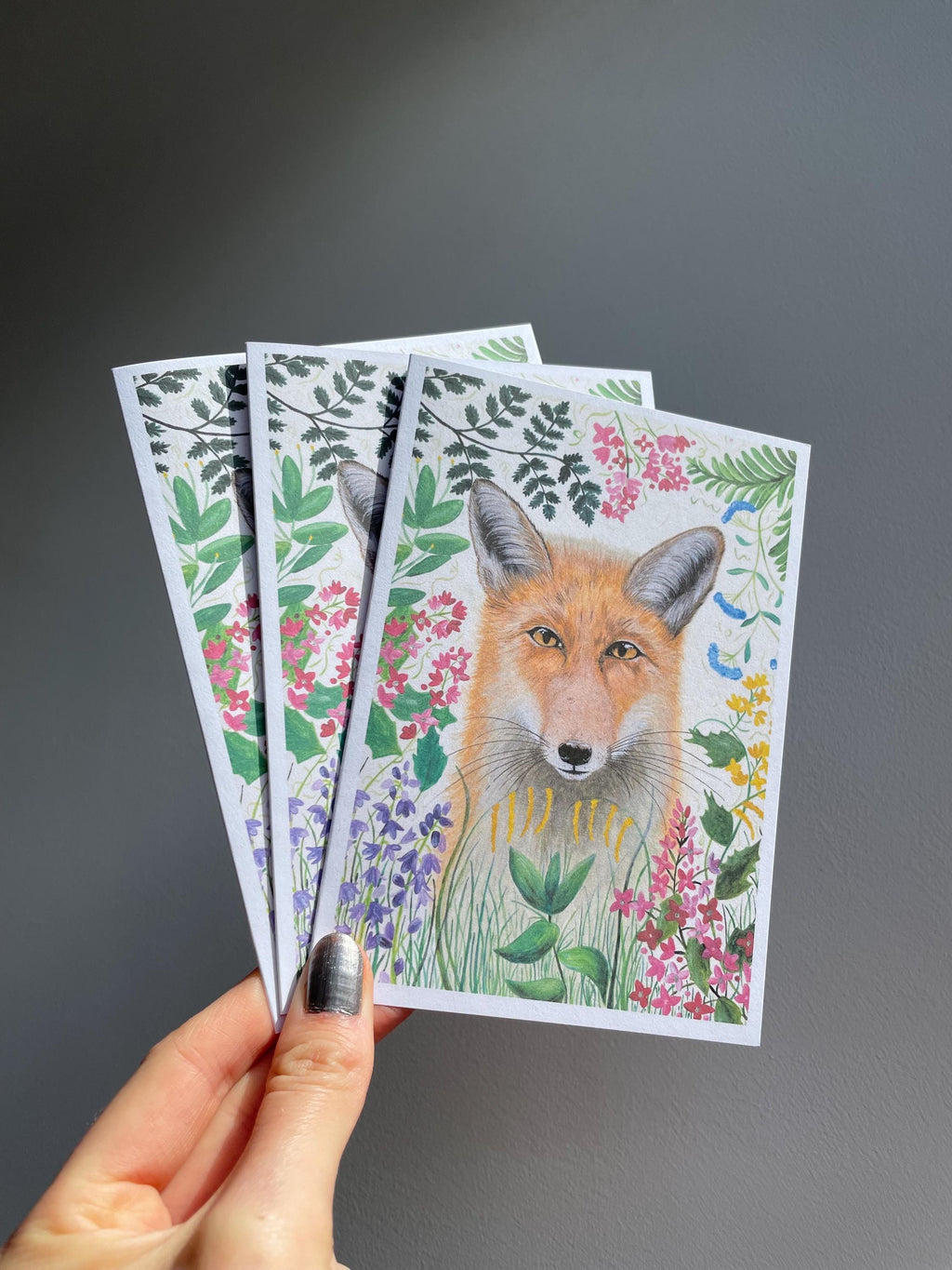 Fox and floral A6 Cards, pack of 3: hand painted