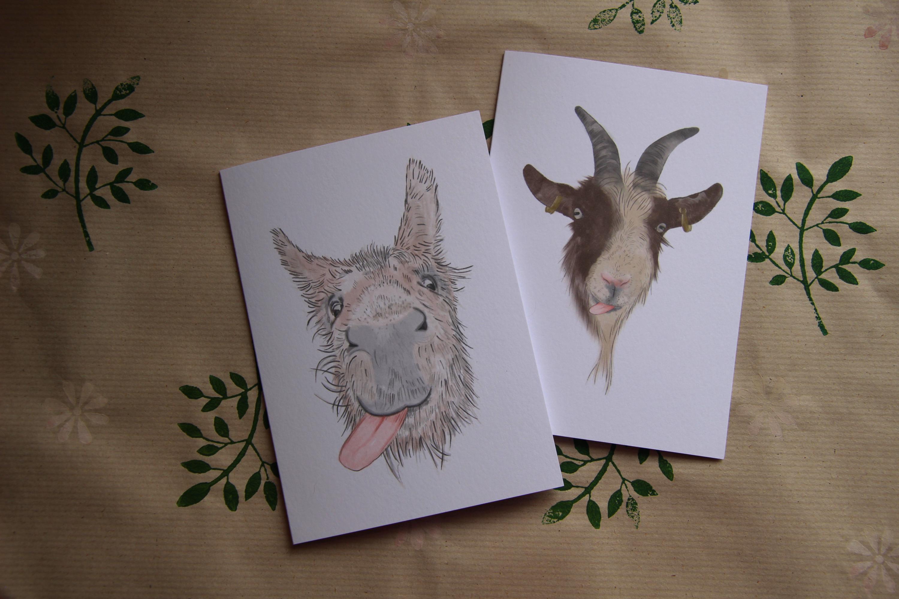 The Cheeky Trio, A6 Cards, pack of 3: cow, goat, donkey, illustrated animal greeting cards