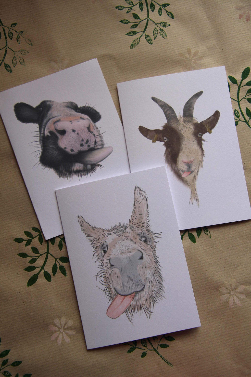 The Cheeky Trio, A6 Cards, pack of 3: cow, goat, donkey, illustrated animal greeting cards