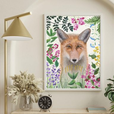 Fox portrait surrounded by colourful flowers and greenery, framed in a modern setting.