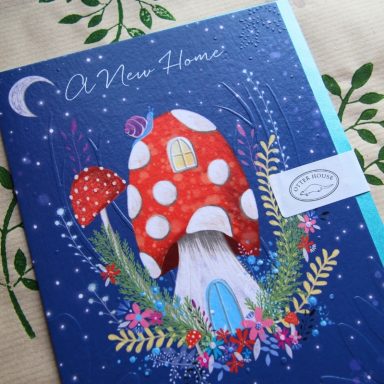 A whimsical illustration of a mushroom house with flowers and a night sky background.