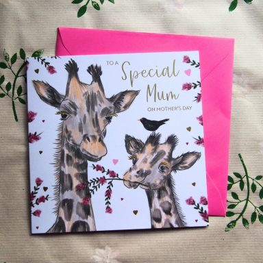 Greetings card featuring two giraffes with flowers, and the text "For a Special Mum."
