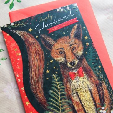 Illustration of a fox in a bow tie with "Lovely Husband" text and decorative foliage.