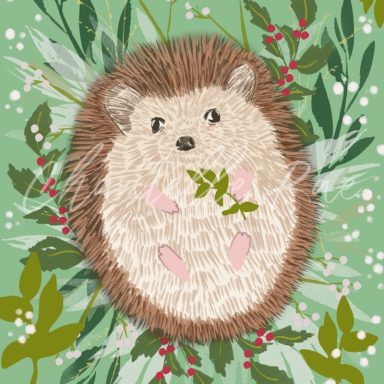 A hedgehog with a sprig in its mouth, surrounded by greenery and red berries.