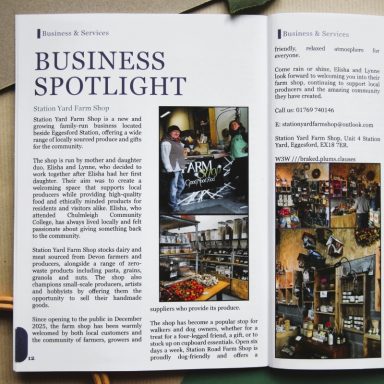 Article featuring a business spotlight with images and text on a magazine layout.