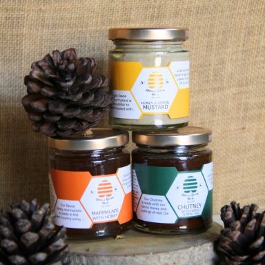Three jars of honey in different flavours, surrounded by pinecones, set against a natural backdrop.