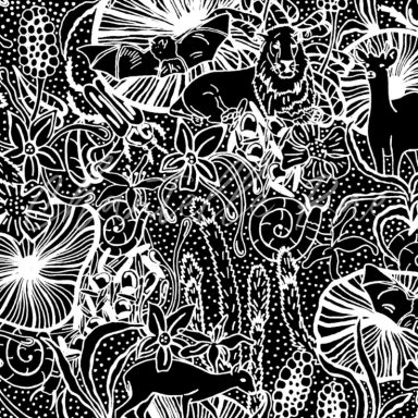 Intricate black and white pattern featuring various animals and floral elements.