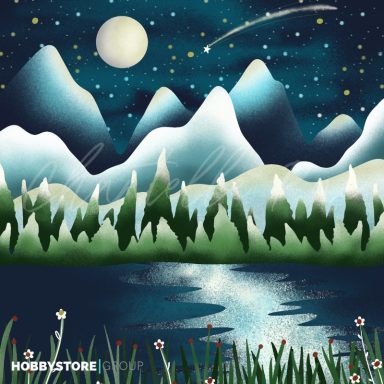 Starry night over snowy mountains with a reflective lake and lush foreground.