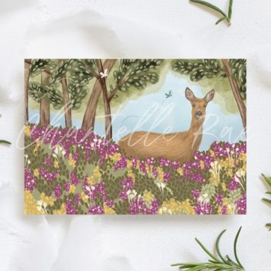 A deer standing among vibrant flowers and trees in a serene landscape.