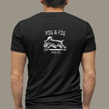 Black T-shirt featuring a graphic of a pig and fig with the text "Pig & Fig".