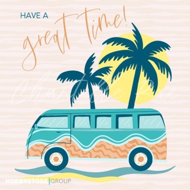 A colourful retro van with palm trees and the sun, accompanied by the text "Have a great time!"