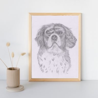 Framed sketch of a dog with a serious expression, placed beside a vase with dried grass.