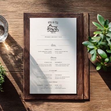 A wooden menu on a rustic table with a glass of water and a potted plant.