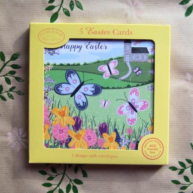 Colourful Easter cards featuring butterflies and flowers in a spring landscape.