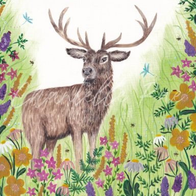 A stag standing among vibrant wildflowers and green foliage.