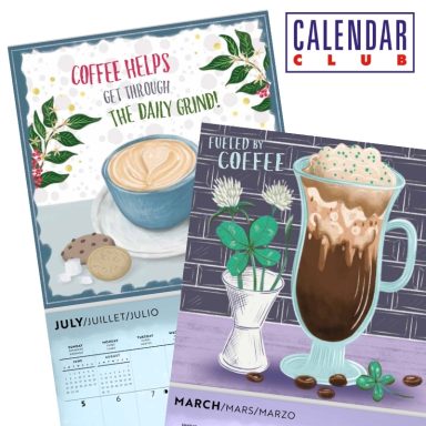 Two coffee-themed calendar pages with illustrations of beverages and recipes.