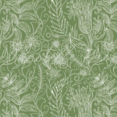 A seamless pattern of white botanical illustrations on a green background.