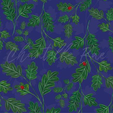 Green leaves with red berries on a deep blue background.